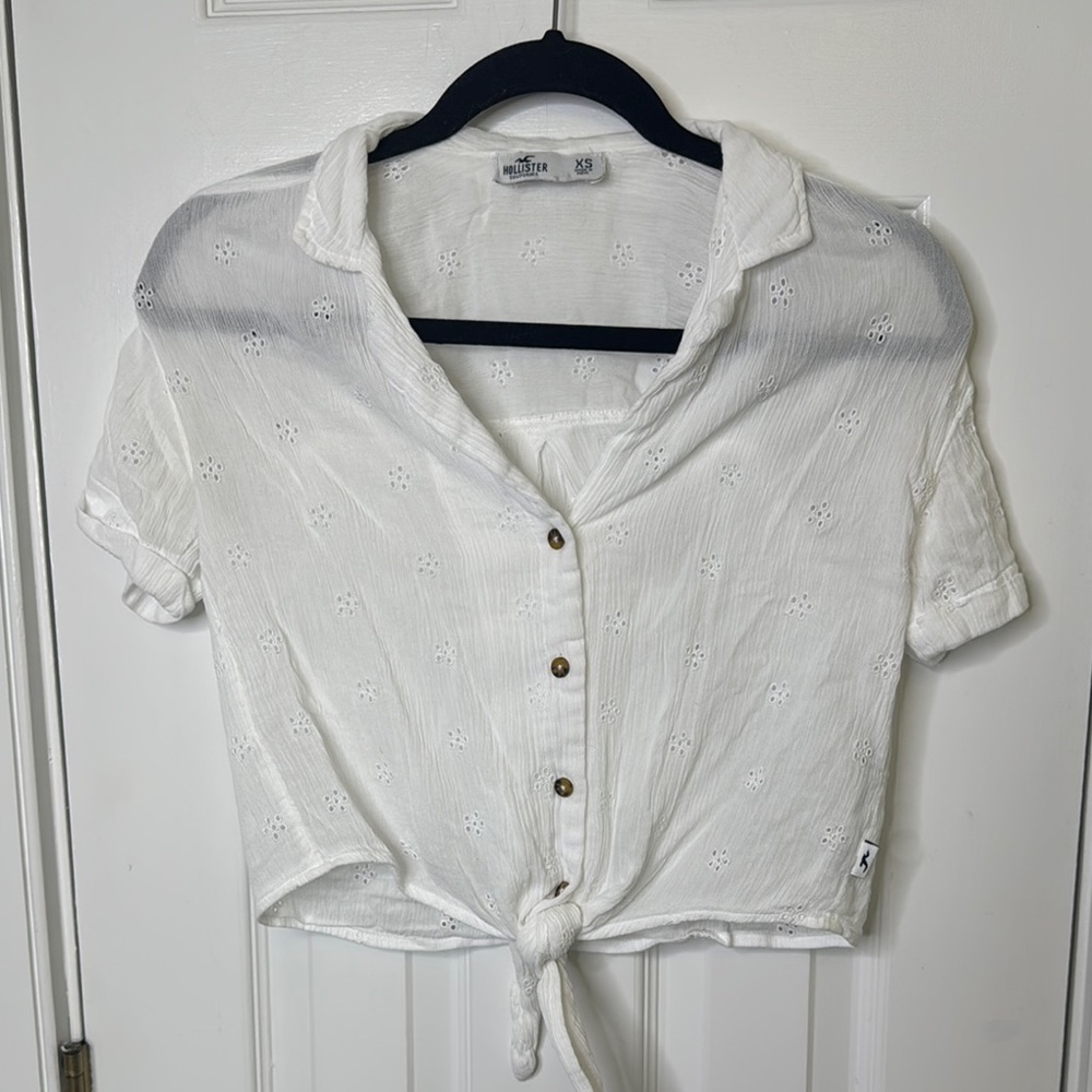Hollister White Crop Button Top with Eyelets